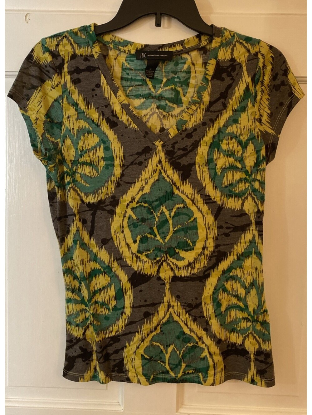 I.N.C Green & Yellow & Grey Medallion Print V Neck Blouse Cap Sleeve Tight Fit